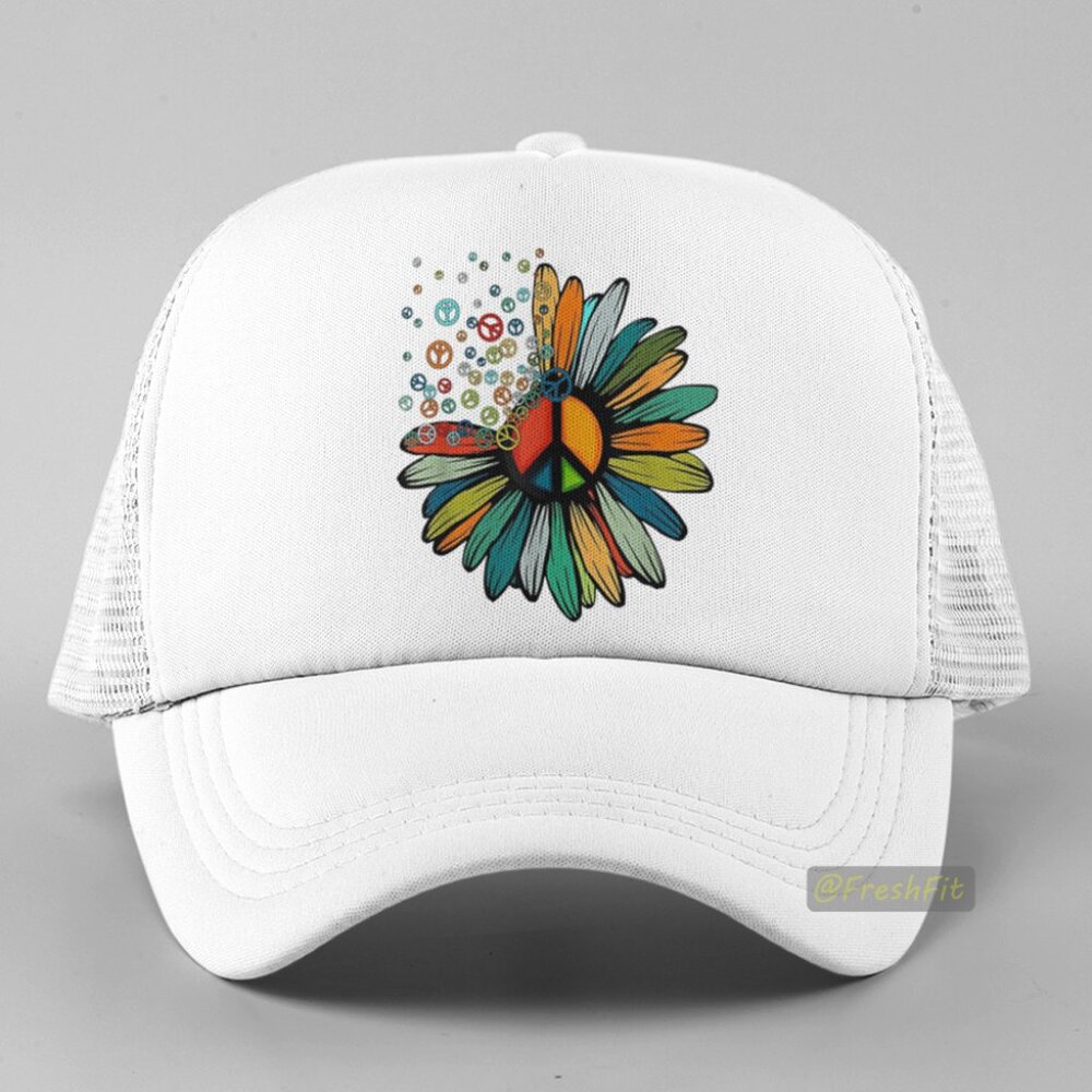 🆕Flower Peace Signs Hippie Foam Trucker Hat Mesh Snapback Cap White